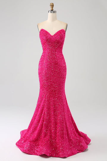 Bling Mermaid Sweetheart Vestido largo de fiesta de lentejuelas rosas